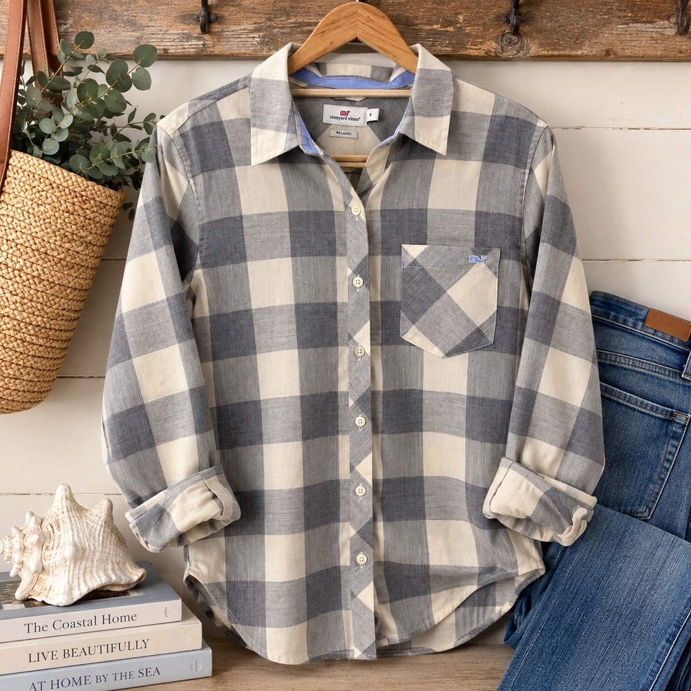 Vineyard Vines Womens Button Down Shirt Plaid Size 6 Gray Cream Coastal Preppy